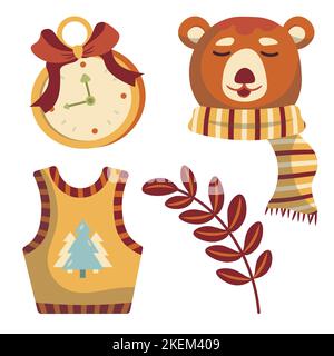 vettore set di orso carino con sciarpa vacanza gilet con alberi di abete nuovo anno di natale Illustrazione Vettoriale