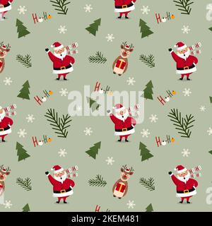 Modello di Natale con renne babbo natale lettering ho ho abeti e fiocchi di neve Illustrazione Vettoriale