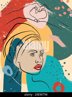Un'astrazione con un volto e mani. Illustrazione alla moda e poster astratto. Illustrazione Vettoriale
