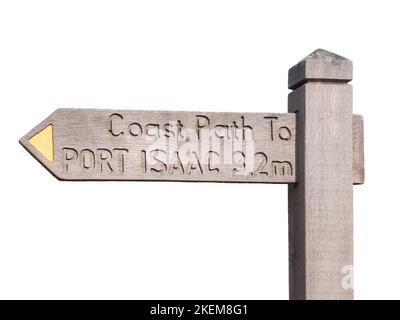 Cartello sul Cornish Coast percorso tra porta e Quin Port Isaac in North Cornwall. Oggetto isolato con sfondo bianco. Foto Stock