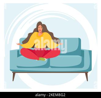 Una giovane bella donna medita sul divano. La ragazza è seduta in posizione lotus. Lady pratica yoga concentrazione posa. Illustrazione Vettoriale