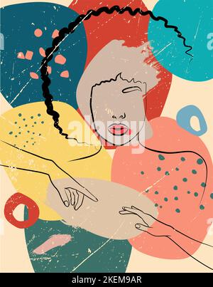 Un'astrazione con un volto e mani. Illustrazione alla moda e poster astratto. Illustrazione Vettoriale