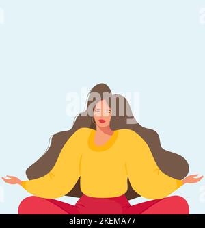 La ragazza è seduta in posizione lotus. I benefici della meditazione e dello yoga per la pace della mente e delle emozioni. Una ragazza nella posizione del loto medita Illustrazione Vettoriale