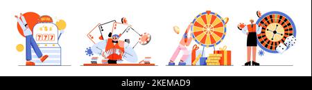 Persone che giocano al casinò e giochi d'azzardo set isolato. Concetto di gioco d'azzardo con personaggi maschili e femminili spin roulette, slot machine, poker e lotteria f Illustrazione Vettoriale