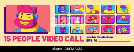 Set di caratteri videochiamata, conferenza online. Fumetti contemporanei persone, animali e fantasy personages chat virtuale. Gli amici comunicano lontani Illustrazione Vettoriale