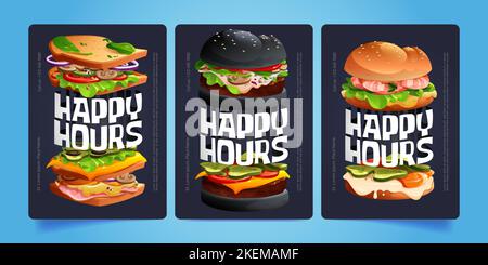 Set di cartoni animati di modelli di volantino promozionale Happy Hours per ristoranti fast food. Illustrazione vettoriale di gustosi sandwich e appetitosi hamburger su blu scuro b Illustrazione Vettoriale