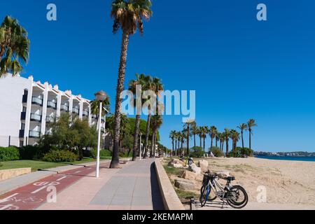 Vilafortuny spiaggia e passeggiata Cambrils Spagna Costa Dorada con palme una delle belle spiagge della costa dorata Foto Stock