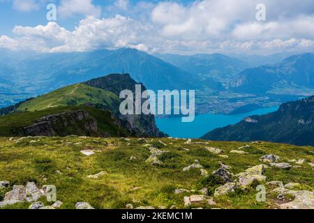 Vista dal Niederhorn sul Lago di Thun in Svizzera. Foto Stock