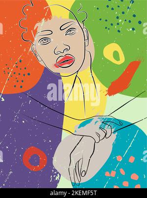 Mani e un ritratto di una donna in una riga sullo sfondo di spot astratti e figure. Illustrazione Vettoriale