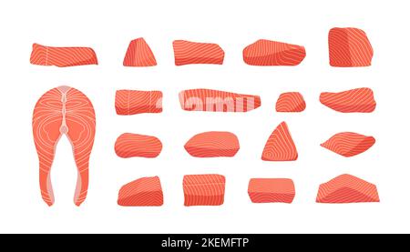 Raccolta di salmone. Fresco crudo fette di pesce rosso cartoni in stile piatto, sane bistecche di trota atlantica coda pinna di pesce pasto gourmet. Raccolta isolata da vettori di salmone crudo illustrazione fresca Illustrazione Vettoriale