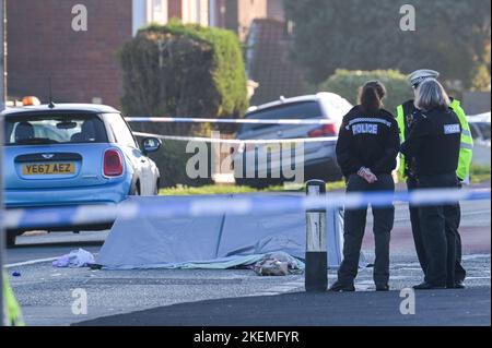 Oldbury Road, Rowley Regis, 13 novembre 2022. La polizia delle West Midlands sulla scena di una donna di 80 anni e' stata colpita e uccisa dall'autista di una Mini blu, che e' rimasta sulla scena. Una tenda forense d'argento copriva il corpo della donna su Oldbury Road a Rowley Regis. I cartelli delle prove sono stati collocati sulla strada mentre le indagini continuavano sul tragico incidente. DICHIARAZIONE DELLA POLIZIA DEL WEST MIDS: “Stiamo facendo appello per informazioni dopo che una donna è morta dopo essere stata investita da un'auto a Rowley Regis questo pomeriggio (13 novembre). Credito: Interrompi stampa Media/Alamy Live News Foto Stock