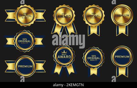 collezione di elementi di design per badge di lusso blu scuro e oro, medaglie, etichette, sigilli, badge e ornamenti Illustrazione Vettoriale