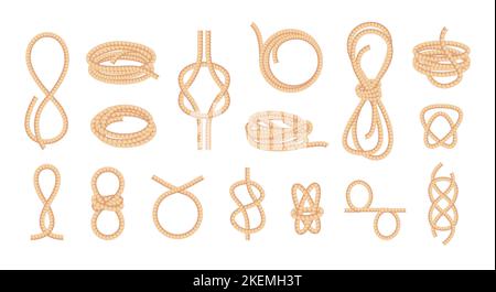 Corde annodate. Loop bowknot intrecciato curva filo di fibra diritto, filo intrecciato nodo stringa di legatura elementi cartoni animati stile piatto. Raccolta isolata da vettore di illustrazione di texture jute bowknot Illustrazione Vettoriale
