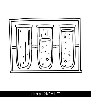 Provette con liquidi e a forma di doodle trafilato a mano. Provette chimiche in vetro per test. Illustrazione vettoriale. Illustrazione Vettoriale