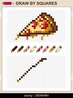 Pesca la pizza con i quadrati. Copiare la foto. Gioco per bambini. Illustrazione Vettoriale