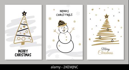 Set di carte di Natale o poster, disegnati a mano. Con alberi d'oro di Natale, pupazzo di neve Illustrazione Vettoriale