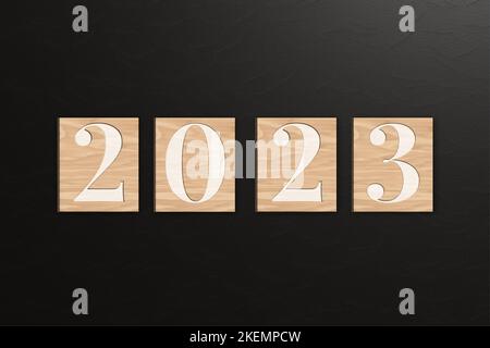 numero 2023 sul cubo di legno per il nuovo anno sullo sfondo grigio scuro utilizzato per gli affari, le celebrazioni, i saluti e le vacanze Foto Stock