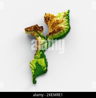 Una rappresentazione 3D di una mappa del Mozambico con rilievo ombreggiato isolato su sfondo bianco Foto Stock