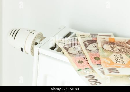 Il korun di denaro ceco giace sul radiatore, il concetto di aumento dei prezzi dell'energia nella Repubblica ceca e il costoso riscaldamento Foto Stock