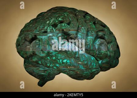 Arte moderna cervello umano con schema a circuito stampato. Rendering 3D Foto Stock