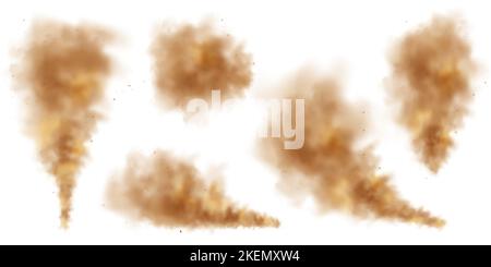 Nuvole di polvere realistiche isolate su sfondo bianco. Tempesta di sabbia con particelle di sporco, aria marrone sporca inquinata, smog. Illustrazione vettoriale Illustrazione Vettoriale
