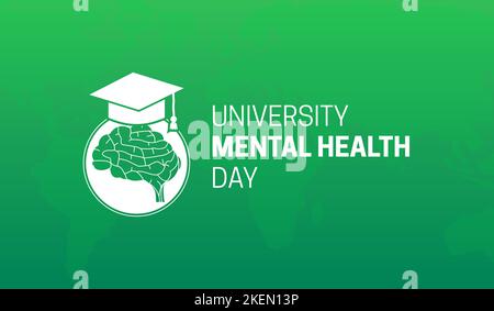 Illustrazione della Giornata Mondiale della Salute mentale dell'Università Verde con cervello e tappo dello studente Illustrazione Vettoriale