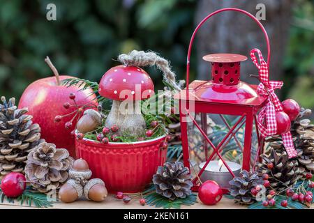 accordo natalizio con mosca in legno agarico, lanterna rossa e coni di pino Foto Stock