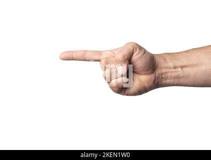 Mano e braccio di un uomo su sfondo bianco nucleare, mostrando un gesto di saluto di approvazione o positività. Foto Stock