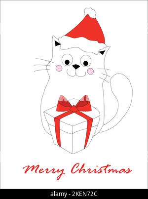 Allegro carta di natale con carino gatto in un cappello di santa - Doodle illustrazione Illustrazione Vettoriale
