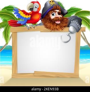 Cartone animato Pirate Capitano e Parrot Beach sfondo Illustrazione Vettoriale