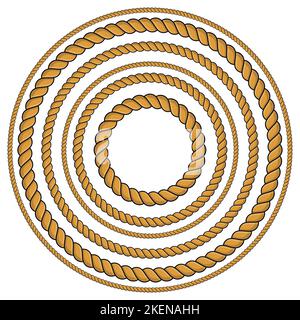 Set di cornici rotonde isolate su sfondo bianco. Cavo intrecciato. Illustrazione Vettoriale
