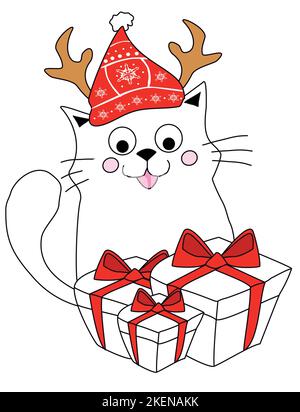 Buon biglietto di natale con carino gatto in un cappello di santa con corna di renna - Doodle illustrazione Illustrazione Vettoriale