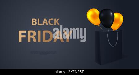Banner Web del Black Friday. Poster orizzontale con 3D borsa della spesa in carta realistica e palloncini. Modello minimo per pubblicità, social network Illustrazione Vettoriale