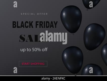 Modello di mockup per gli sconti del black friday. Su sfondo scuro, palline volanti nere. Sconti stagionali. Vettore Illustrazione Vettoriale