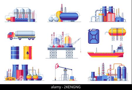 Icone di estrazione e produzione dell'olio. Costruzioni per l'industria del gas combustibile, gasdotti per fusti di petrolio simboli di trasporto del carbone stile cartoon. Vettore Illustrazione Vettoriale