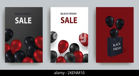 Black Friday Vendita Set di poster o volantini design con palloncini colorati e sacchetto di carta. Vettore Illustrazione Vettoriale