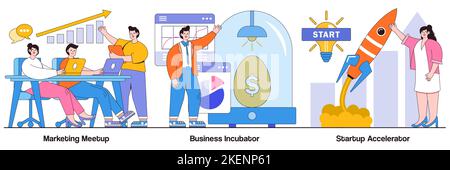 Marketing meetup, business incubator, startup Accelerator Concept con personaggi. Startup che supporta il pacchetto di illustrazioni vettoriali. Sviluppo di Illustrazione Vettoriale
