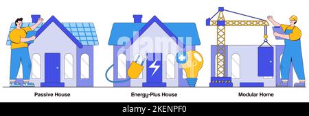 Concetto di casa passiva e Energy-Plus, modulare, con personaggi della gente. Pacchetto di illustrazioni innovative tecnologie di costruzione privata. Riscaldamento ef Illustrazione Vettoriale