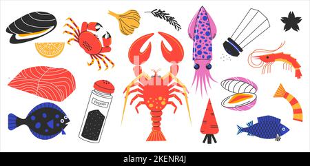 Pesce astratto. Pesce crostacei prodotto ingredienti caviale salmone cozze gamberetti merluzzo spratti stile cartone animato, concetto di nutrizione sana. Set vettoriale Illustrazione Vettoriale