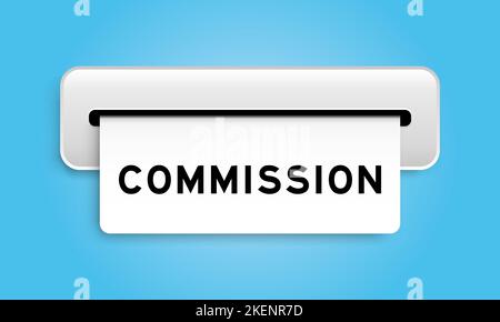 Banner coupon bianco con parola commissione da macchina su sfondo di colore blu Illustrazione Vettoriale