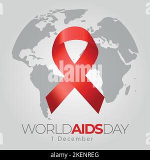 Vettore in forma quadrata di nastro rosso, simbolo della giornata mondiale dell'AIDS sulla mappa del mondo. dicembre 1st giornata dell'hiv Illustrazione Vettoriale