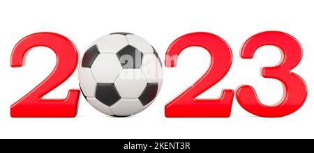 Calcio 2023 con pallone da calcio, concetto. 3D rendering isolato su sfondo bianco Foto Stock