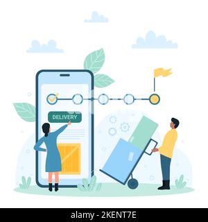 Presentazione delle fasi dell'ordine di consegna nell'illustrazione vettoriale dell'app mobile. Cartoni animati le persone più piccole con carrello pieno di scatole monitorano lo stato di consegna orizzontale nella timeline infografica sullo schermo dello smartphone Illustrazione Vettoriale