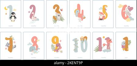 Carte dei numeri mensili del bambino. Cartoline per i mesi appena nati, decorazioni per i bambini. Numero da 1 a 11 con animali carini, celebrazione vettore oggi Illustrazione Vettoriale