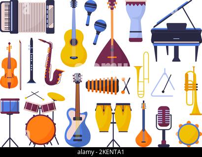 Icone di strumenti musicali. Batteria elettronica musicale, clarinetto violino e chitarra. Elementi cartoni animati piatti della Jazz band. Flauto, fisarmonica, orchestra neoterica Illustrazione Vettoriale