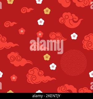 Modelli senza giunture cinesi orientali o giapponesi. Ornamenti asiatici tradizionali floreali, geometrici, con nuvole, simboli di buon auspicio. Illustrazione Vettoriale