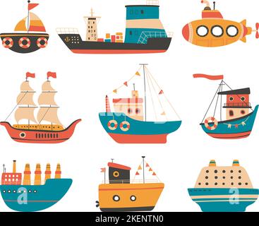 Doodle nave da bambino di stile scandinavo. Barca a vela e sottomarino, isolato bambini trasporto marittimo clipart. Cartoon yacht, veliero vettore di classe Illustrazione Vettoriale