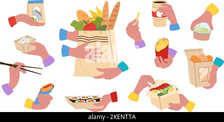 La gente porta il cibo a casa. Mani take away confezione pranzo, cena e colazione con caffè. Mangiare all'aperto, scatole di carta e sacchetti decent vettore set Illustrazione Vettoriale
