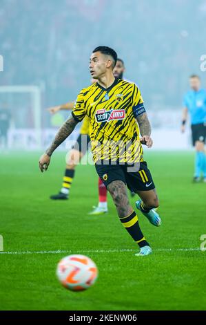 Atene, Lombardia, Grecia. 13th Nov 2022. SERGIO ARAUJO dell'AEK FC durante il giorno 13, partita della Super League greca tra Olympiacos FC e AEK FC allo stadio Karaiskakis il 13 novembre 2022 ad Atene, Grecia. (Credit Image: © Stefanos Kyriazis/ZUMA Press Wire) Foto Stock