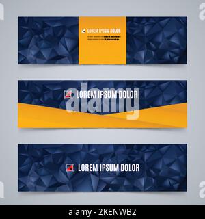 Set di modelli per striscioni dal design moderno con motivo geometrico astratto nei colori blu e giallo Illustrazione Vettoriale